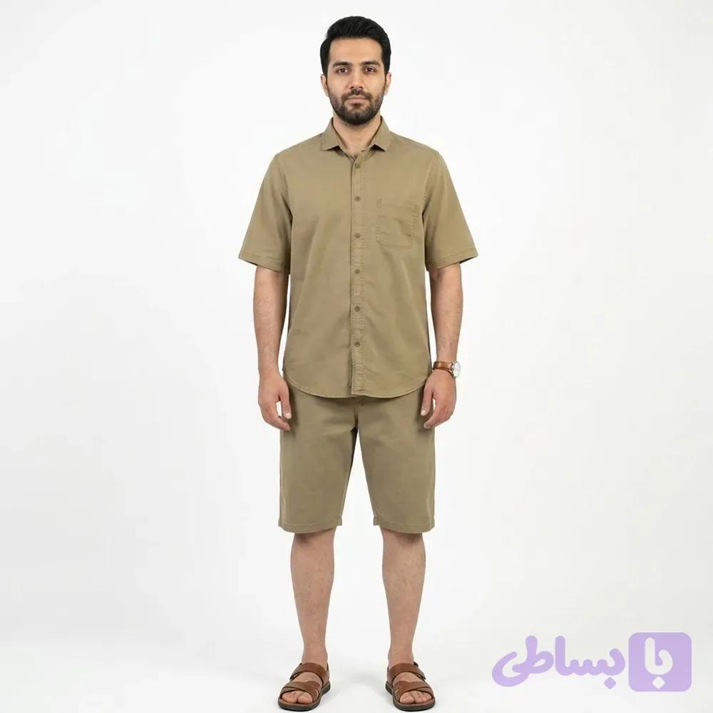 ست پیراهن و شلوارک مردانه کتان نسکافه ای