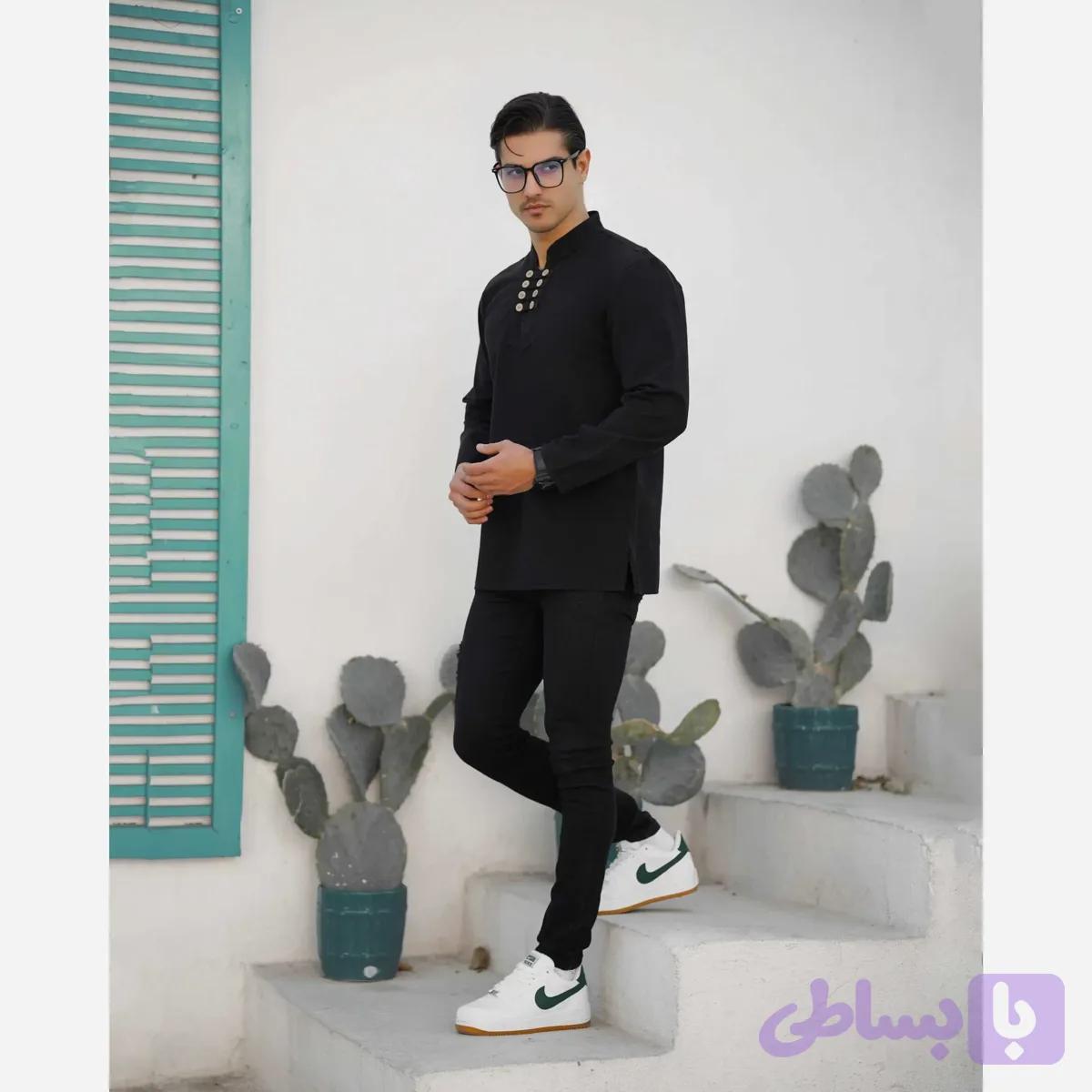 پیراهن مردانه الیاف طبیعی 100 درصد پنبه مدل 8 دکمه رنگ مشکی