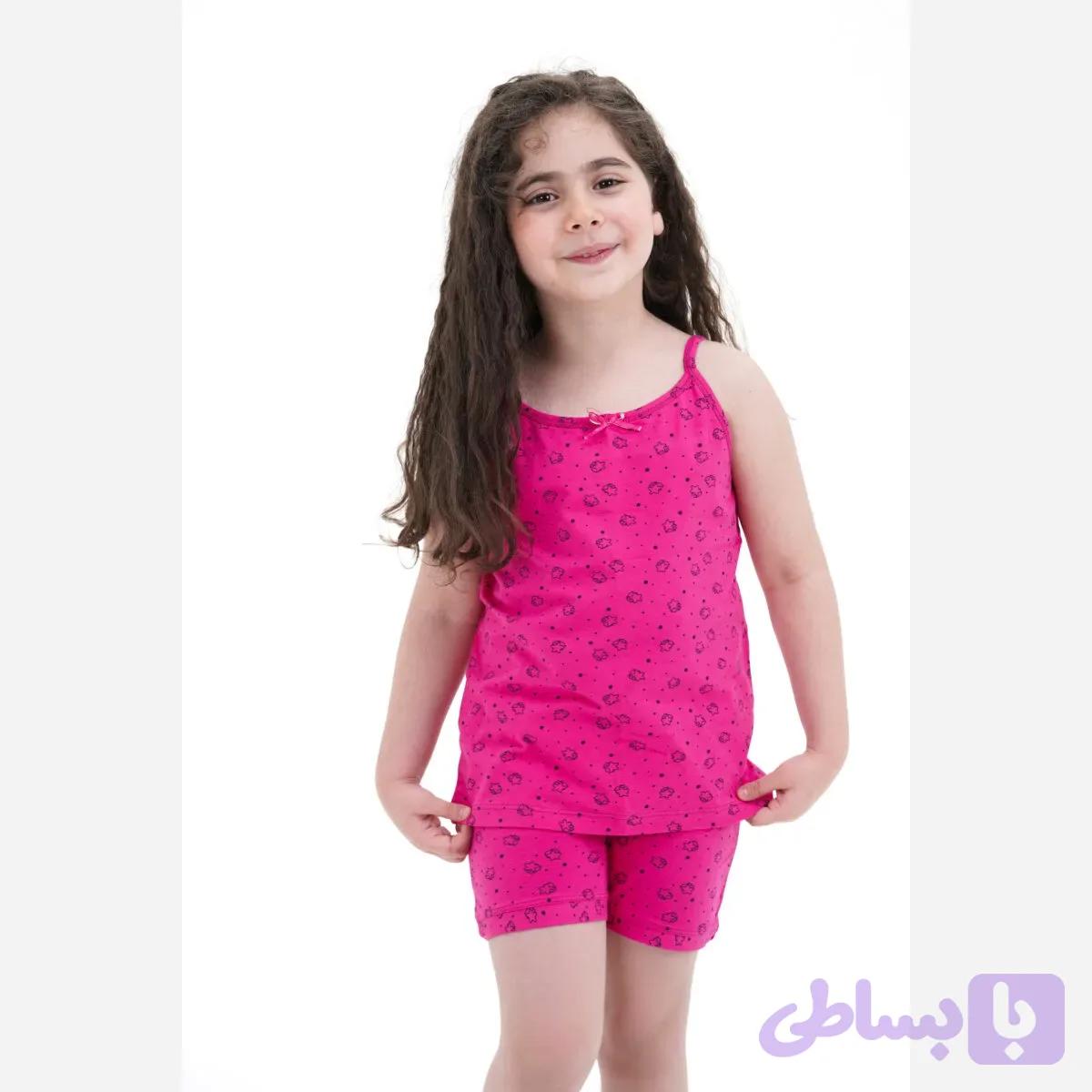 ست تاپ و شورت دخترانه پنبهای طرح ستاره رنگ سرخابی