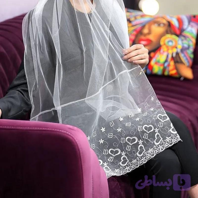 شال توری سفید دستک دار