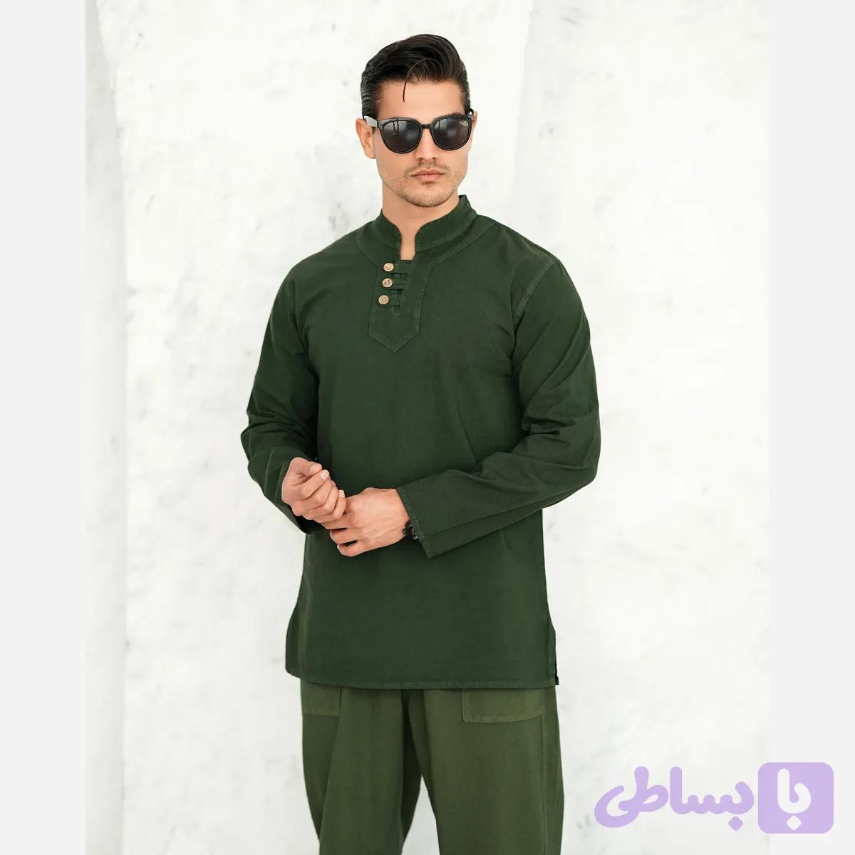 پیراهن مردانه الیاف طبیعی 3 دکمه مدل رهام رنگ سبز یشمی
