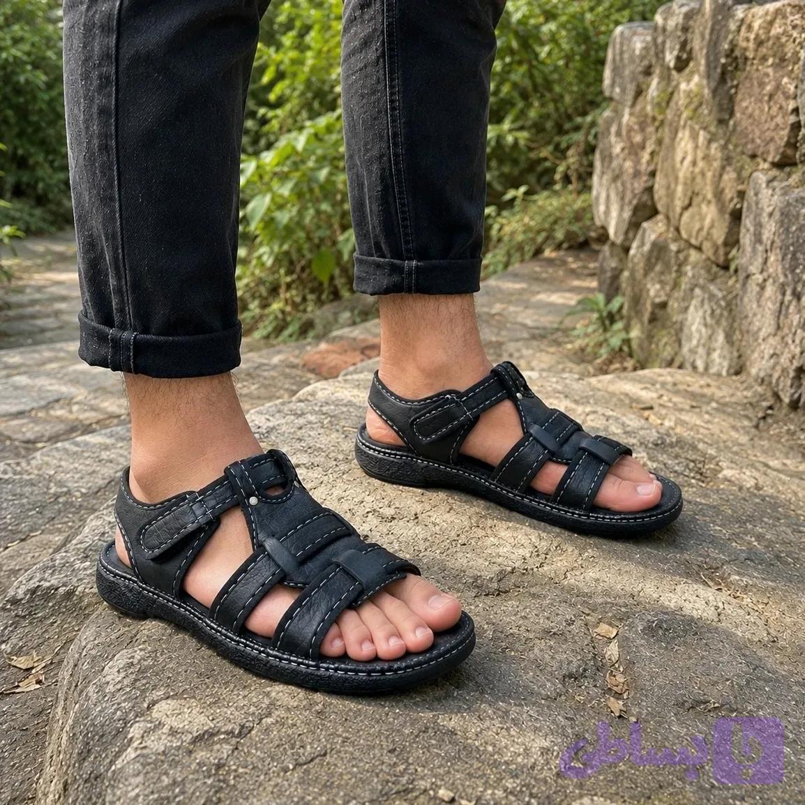 صندل چرم مردانه روزمره رنگ مشکی و قهوهای