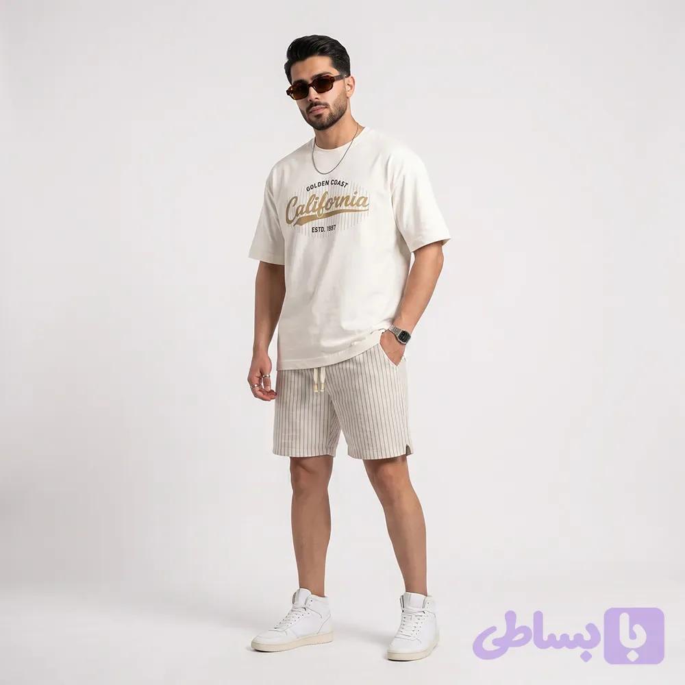ست تیشرت و شلوارک مردانه کالیفورنیا جنس پنبه و کتان رنگ کرم