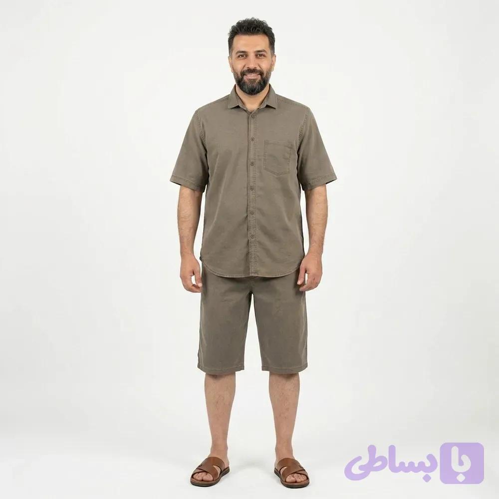 ست پیراهن و شلوارک مردانه کتان قهوه ای