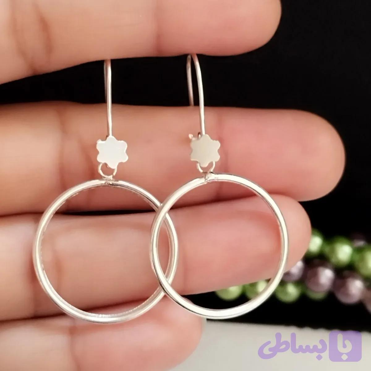 گوشواره نقره آویز حلقه ای عیار 925 با قفل قلابی