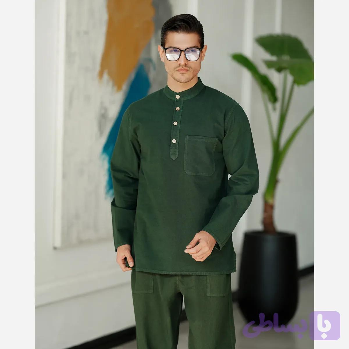 پیراهن مردانه الیاف طبیعی 100 درصد پنبه مدل آرین رنگ سبز یشمی