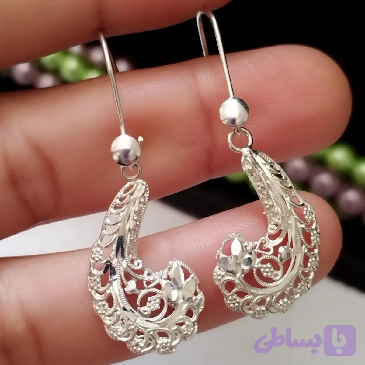 گوشواره نقره آویز طرح ملیله عیار 925 زنانه
