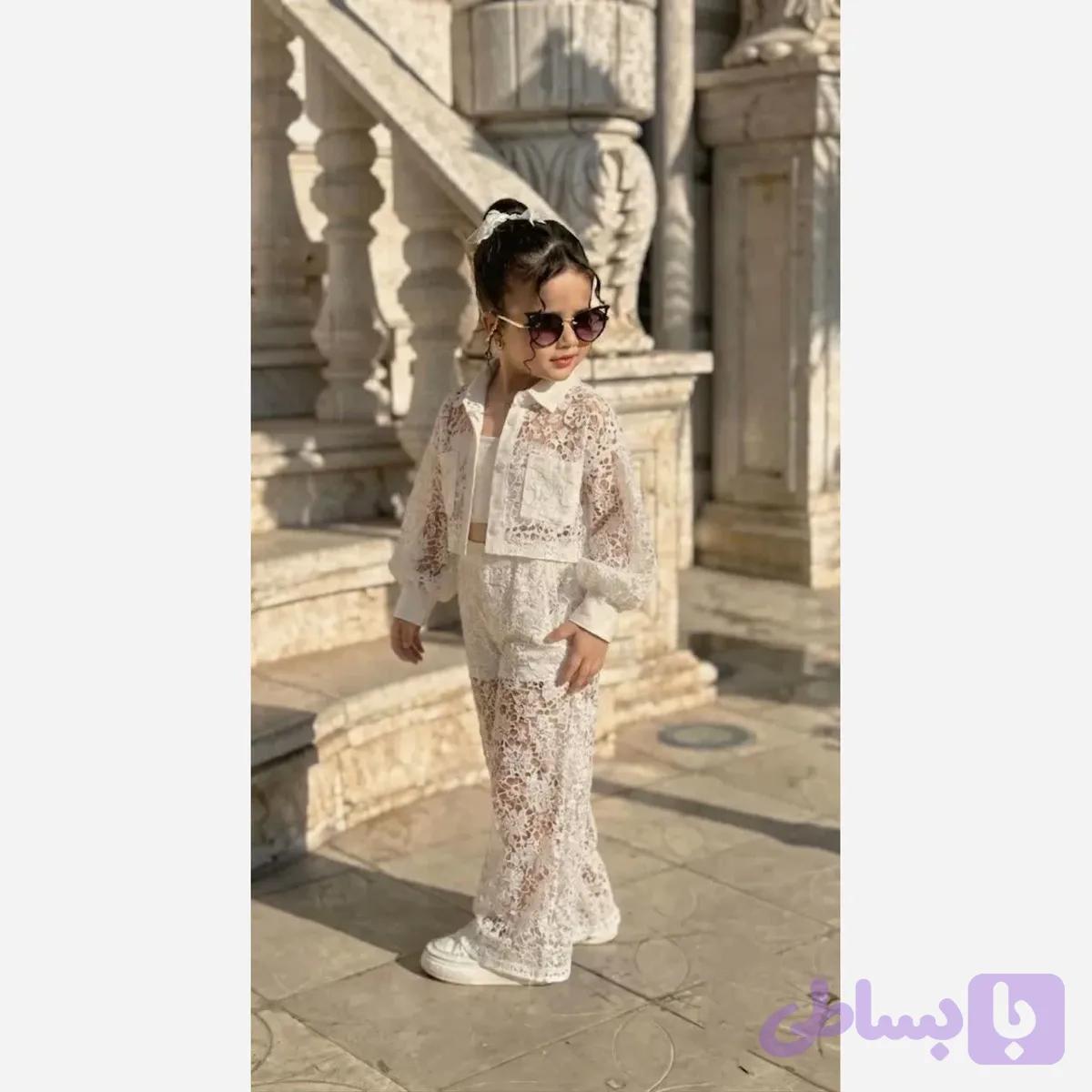 ست سه تکه دخترانه شومیز دانتل تاپ و شلوار سایز 40 تا 55