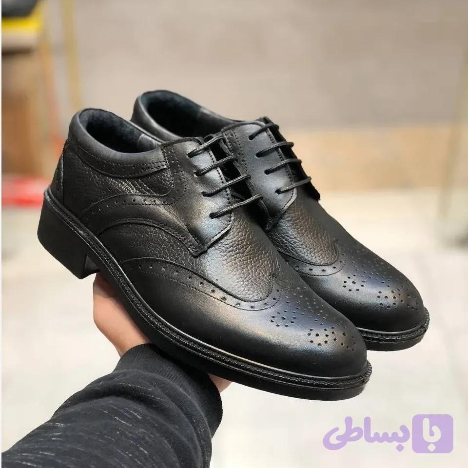 کفش چرم مردانه رخشی مدل مجلسی مشکی سایز 40 تا 44 رویه چرم طبیعی آستر چرم بزی کفی طبی زیره پیو