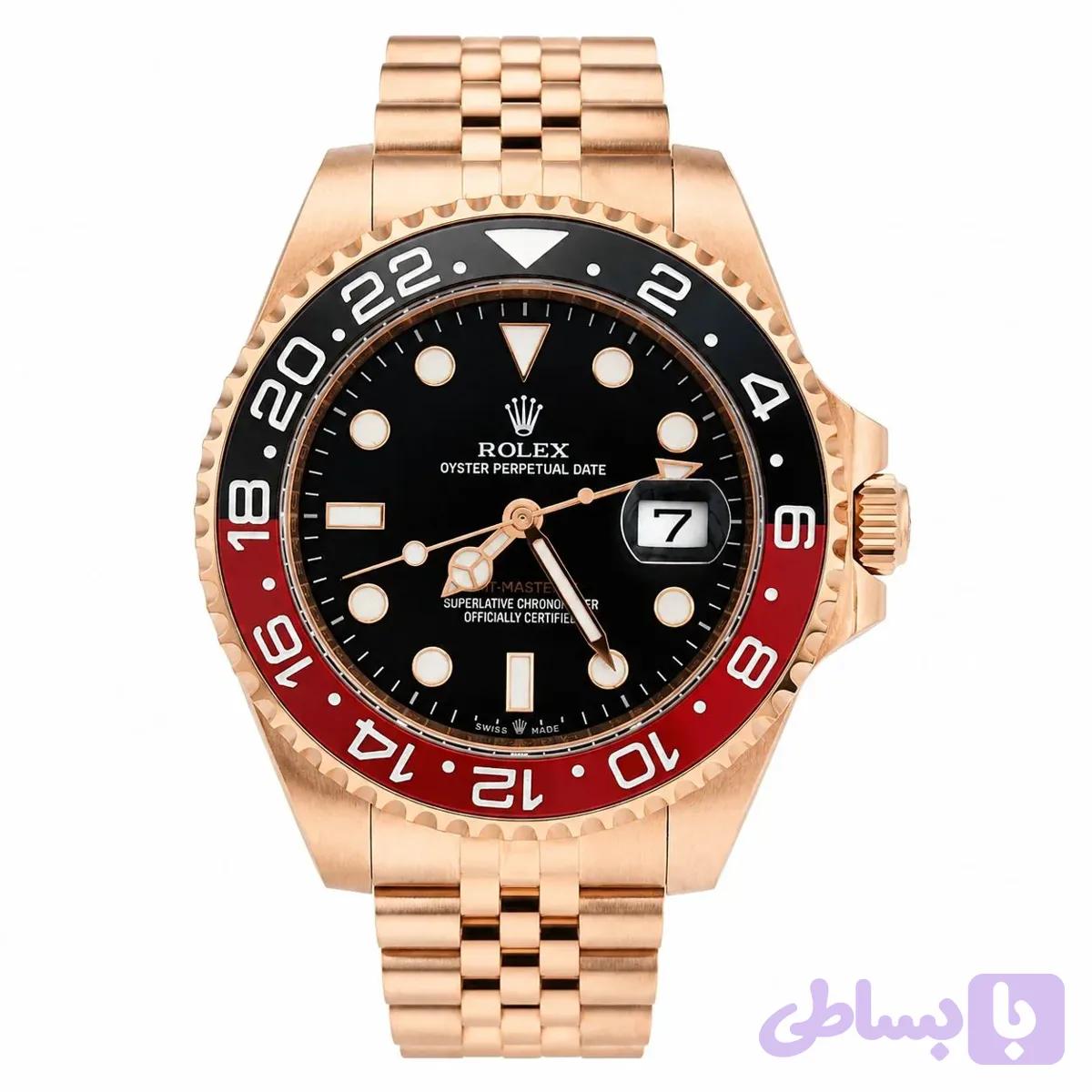 ساعت مردانه رولکس رزگلد صفحه مشکی مدل جی ام تی GMT مسترکوالیتی موتور ژاپن