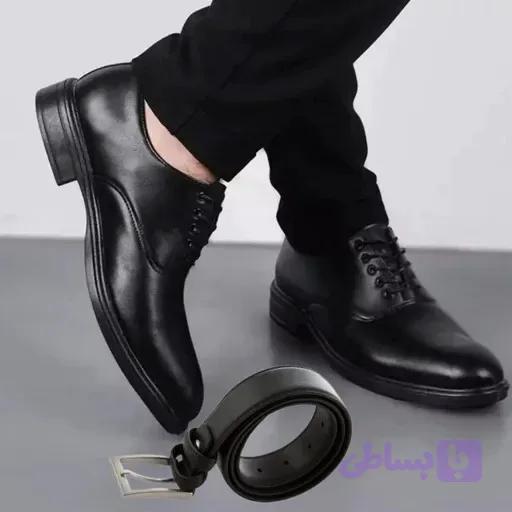 ست کفش مردانه مدل رویال و کمربند چرم صنعتی مشکی