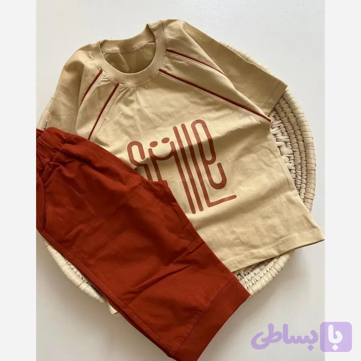 ست تیشرت و شلوارک بچگانه طرح SMILE جنس پنبه تیپ لاکرا سایز 50 تا 60