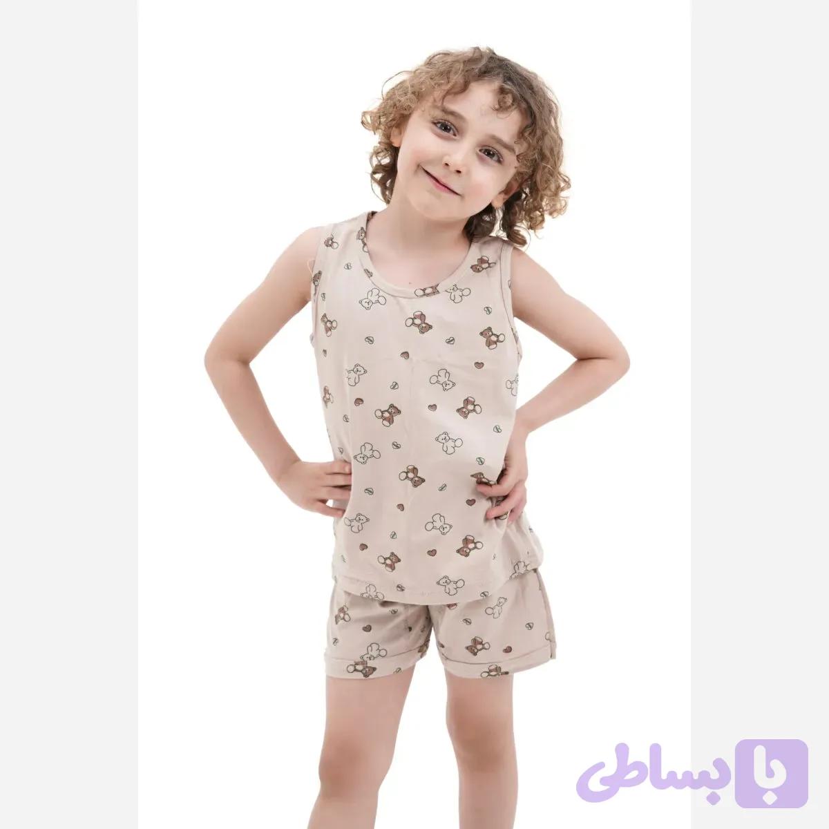 ست رکابی و شورت پسرانه طرح تدی رنگ نسکافه ای جنس پنبه ای