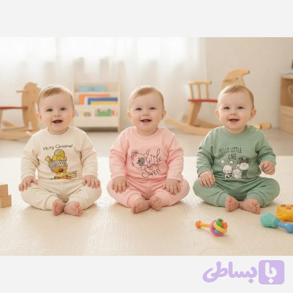 بلوز شلوار نوزادی نخ پنبه اقتصادی دخترانه و پسرانه طرح متنوع سایز 6 ماه تا 2 سال
