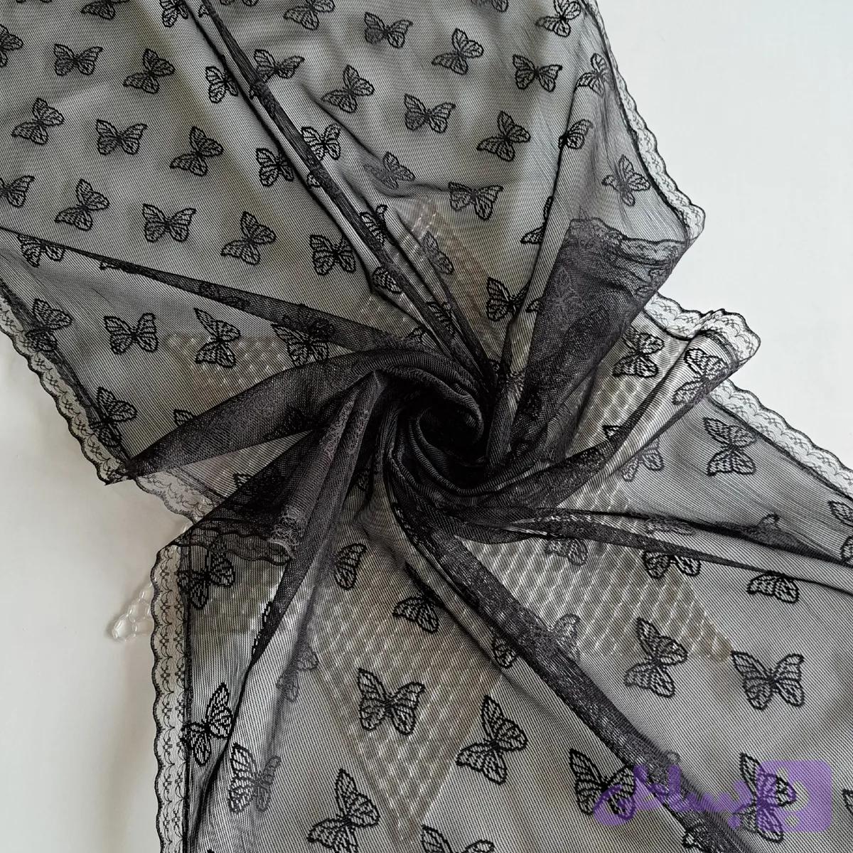 شال تور پروانه ای مشکی حاشیه گیپور ابعاد 170 در 60 سانتی متر