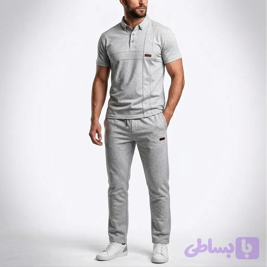ست پولوشرت و شلوار مردانه طوسی اش نخ و ملانژ دو سایز مناسب روزمره ورزش و پیاده روی