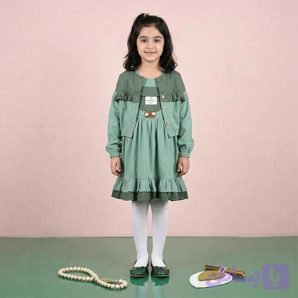 ست سارافون و کت دخترانه کتان سبز مدل پایین چین دار