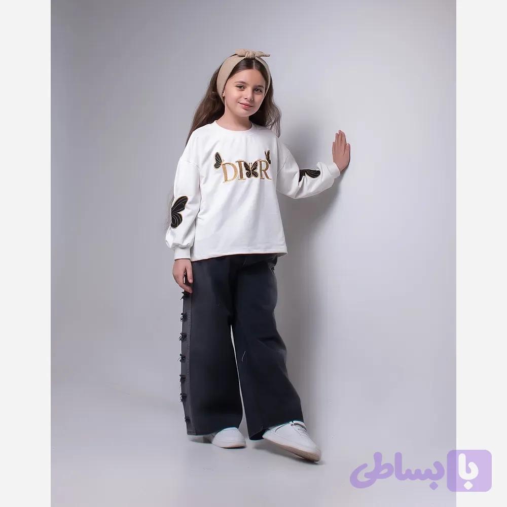 ست بلوز و شلوار جین دخترانه مدل کراپ پنبه دورس و شلوار لی گرمدار سایز 50 تا 65