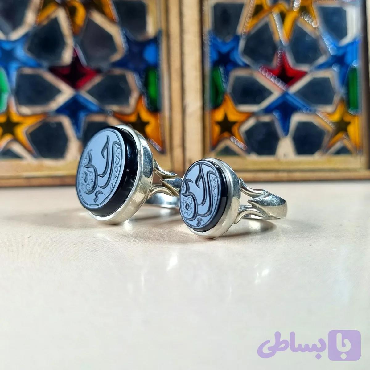 ست انگشتر مردانه و زنانه آلیاژ نقره روس با نگین عقیق مشکی حکاکی حسین ع