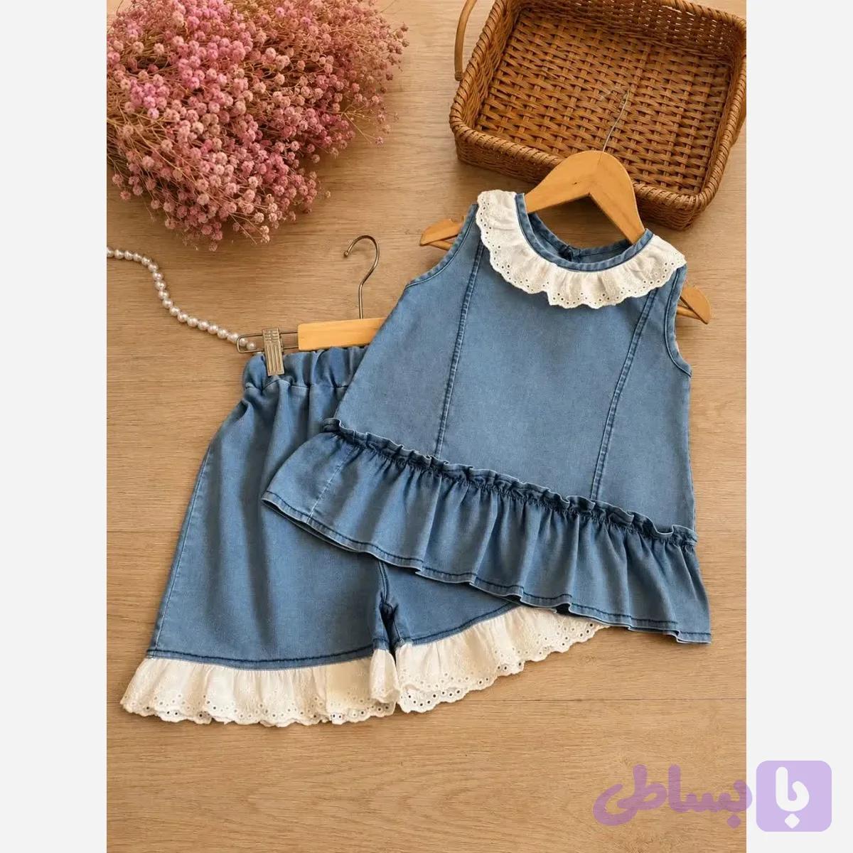 ست تاپ و شلوارک جین دخترانه لی سنگشور شده مناسب 2 تا 7 سال