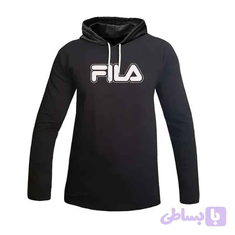 تیشرت کلاه دار مردانه طرح Fila مدل 47887 آستین بلند نخی اعلا مناسب چهارفصل مشکی سفید