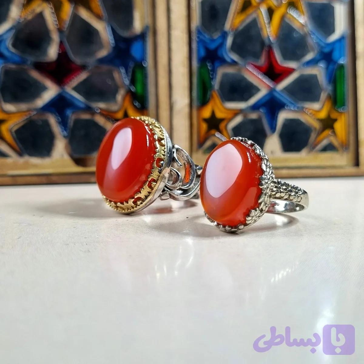 ست انگشتر مردانه و زنانه نقره روس با نگین عقیق سرخ خراسانی