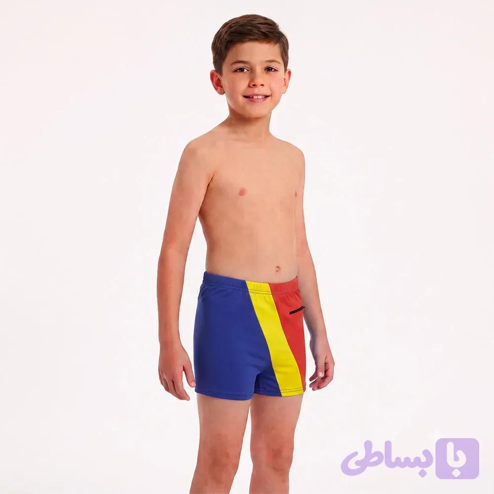 شورت مایو پسرانه آبی پرچمی جذب سایز 4 تا 16 سال