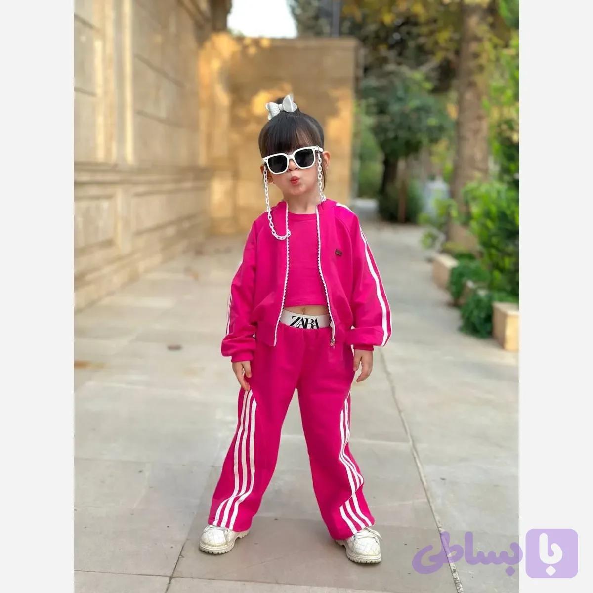 سه تکه دخترانه سوییشرت شلوار و تاپ رنگ صورتی دورس پنبه و تاپ کشبافت سایز 2 تا 12 سال