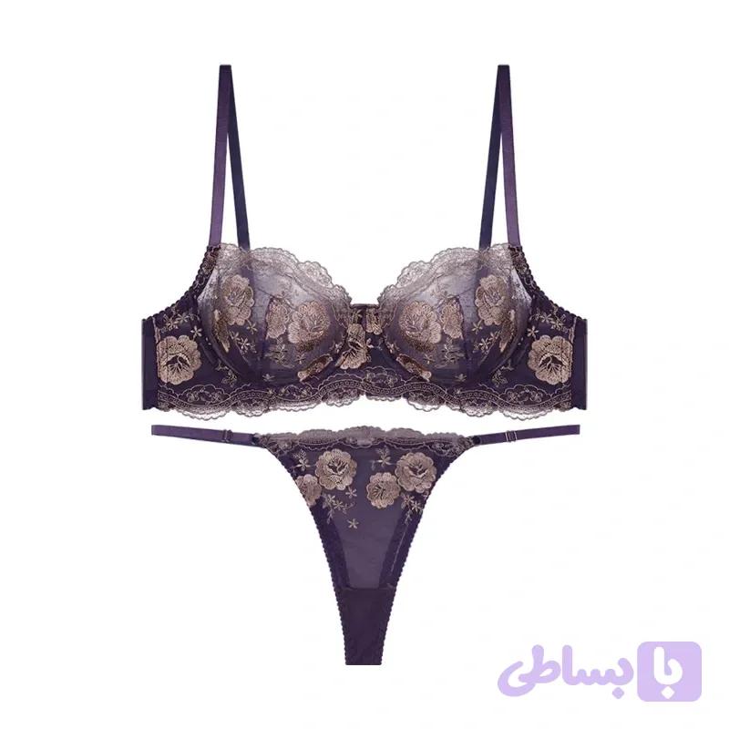 ست شورت و سوتین تورگاز گلدوزی دانتل ژینا کاپ B بنفش فنردار لامبادا زنانه