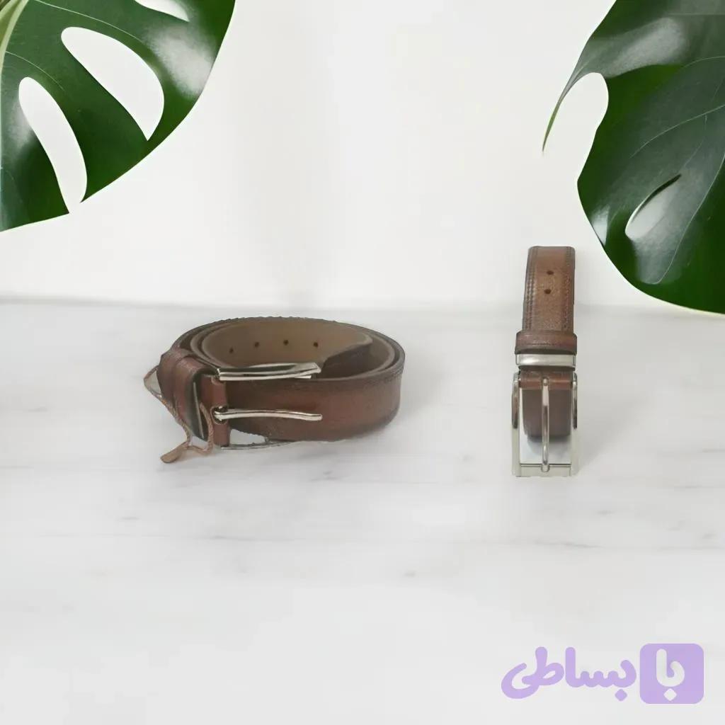 کمربند مردانه چرم مصنوعی سهند قهوه ای دور دوخت