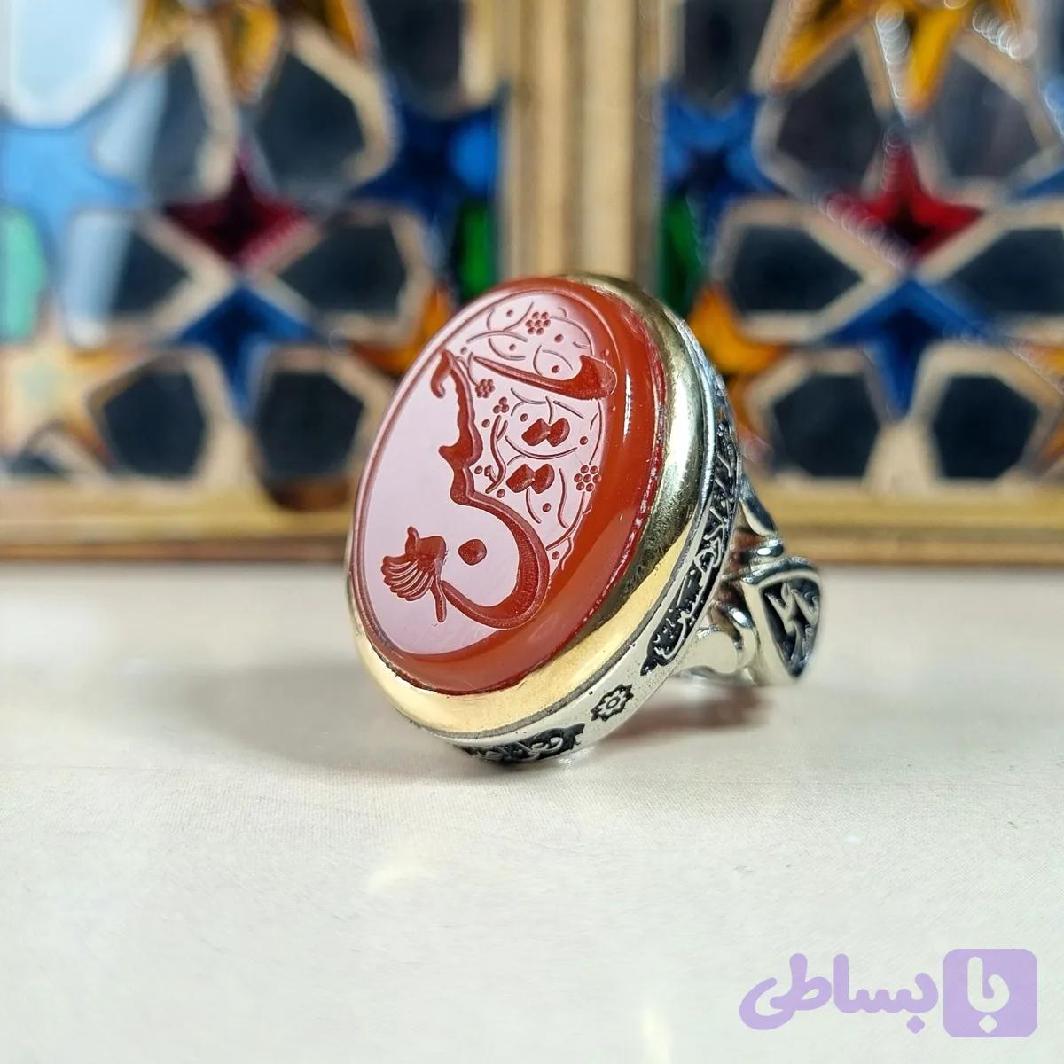 انگشتر مردانه نقره روس با سنگ عقیق سرخ خطی یا حسین
