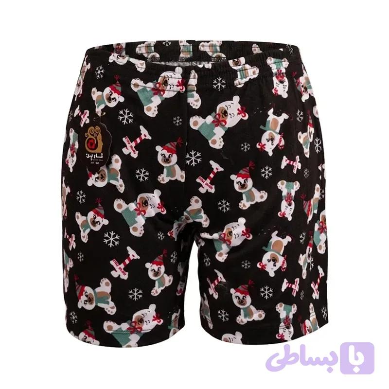 شورتک بلند زنانه نخ و پنبه طرح خرس کریسمس سایز 2XL رنگ مشکی