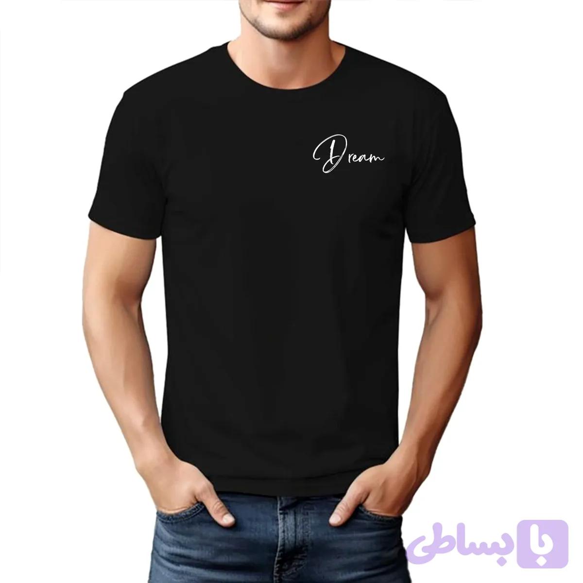 تیشرت آستین کوتاه مشکی مردانه طرح 8987dream جنس پنبه سوپر خنک چهار فصل بدون آبرفت و رنگ دهی