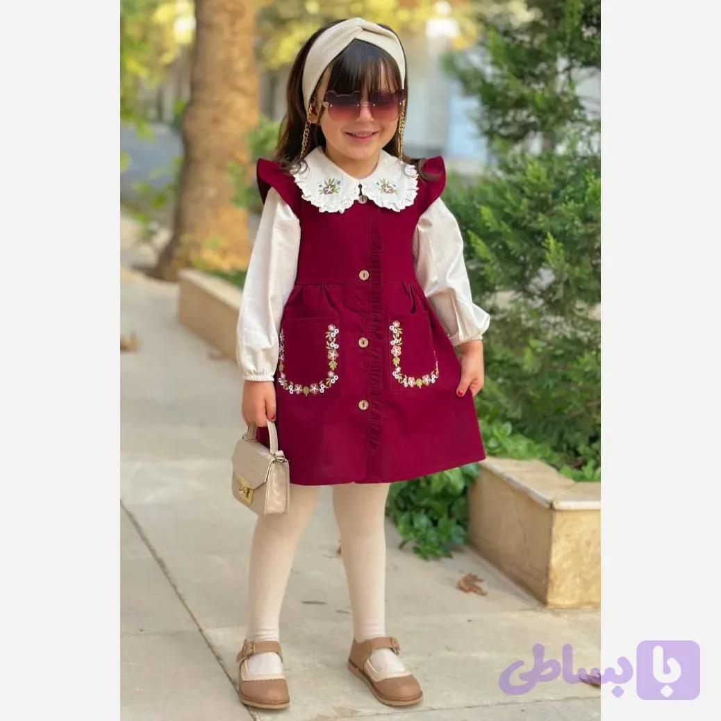 ست شومیز و سارافون دخترانه جنس لینن کتان رنگ زرشکی سایز 3 تا 9 سال