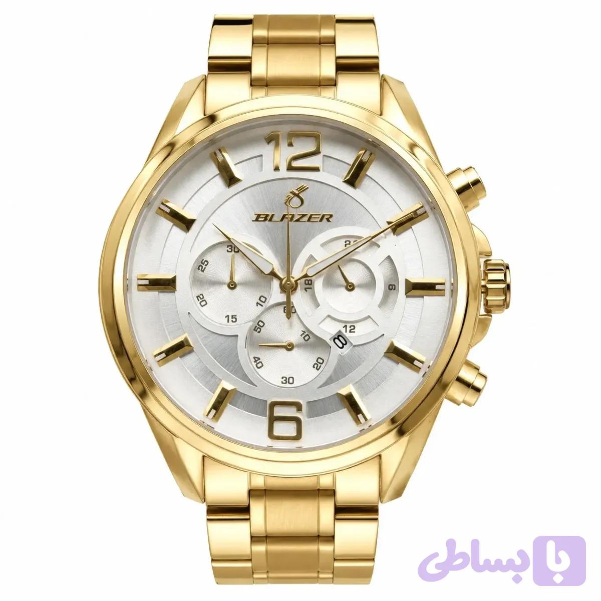 ساعت مردانه طلایی صفحه سفید طرح سه موتور بلیزر 3128 تقویم رنگ ثابت شیشه مینرال موتور ژاپن