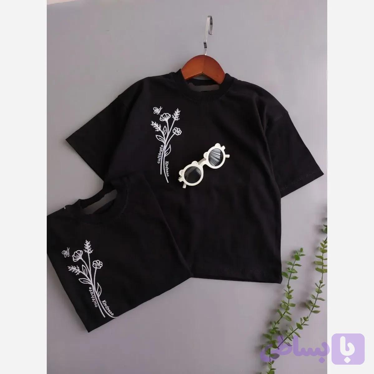 تیشرت دخترانه پنبه لاکرا مشکی گلدوزی سایز 45 تا 65