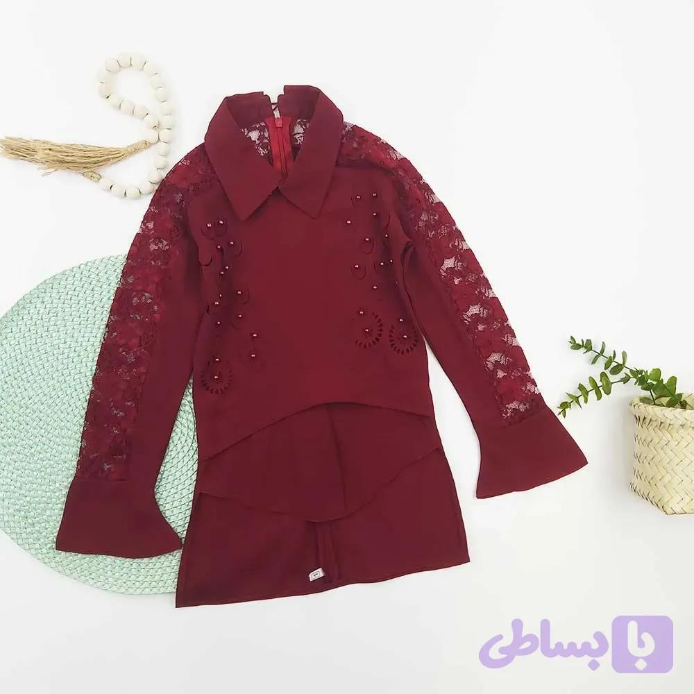 شومیز مجلسی دخترانه حریر سرشانه گیپور یقه مردانه آستین کلوش پشت بلند
