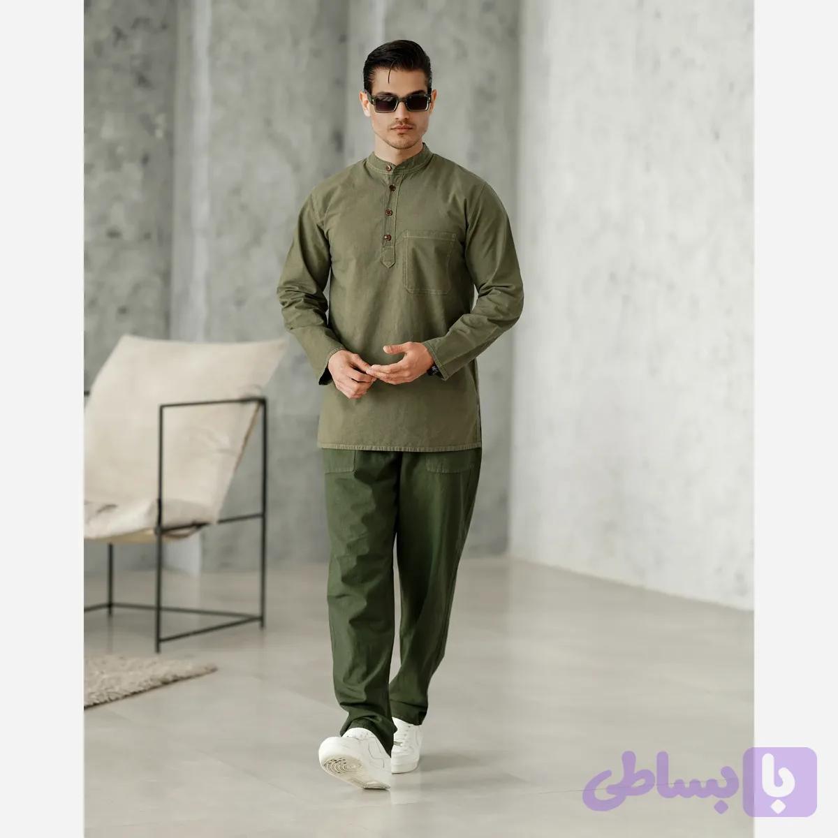پیراهن مردانه الیاف طبیعی 100 درصد پنبه مدل آرین رنگ زیتونی
