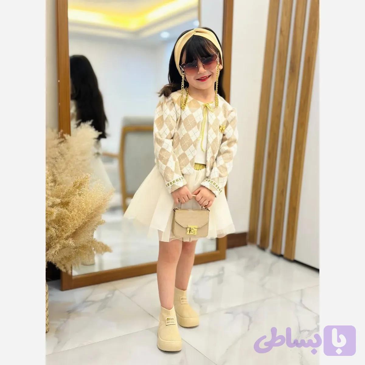ست سه تیکه کت دامن و تاپ دخترانه لمزور شاین لمه و تور کریستال مناسب 7 تا 11 سال 4 رنگ