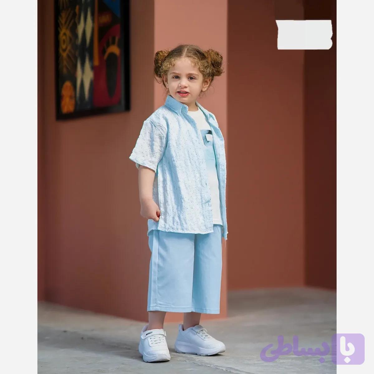 ست 3 تکه دخترانه شومیز شلوارک کتان و تاپ نگین دار مناسب 9 ماه تا 6 سال