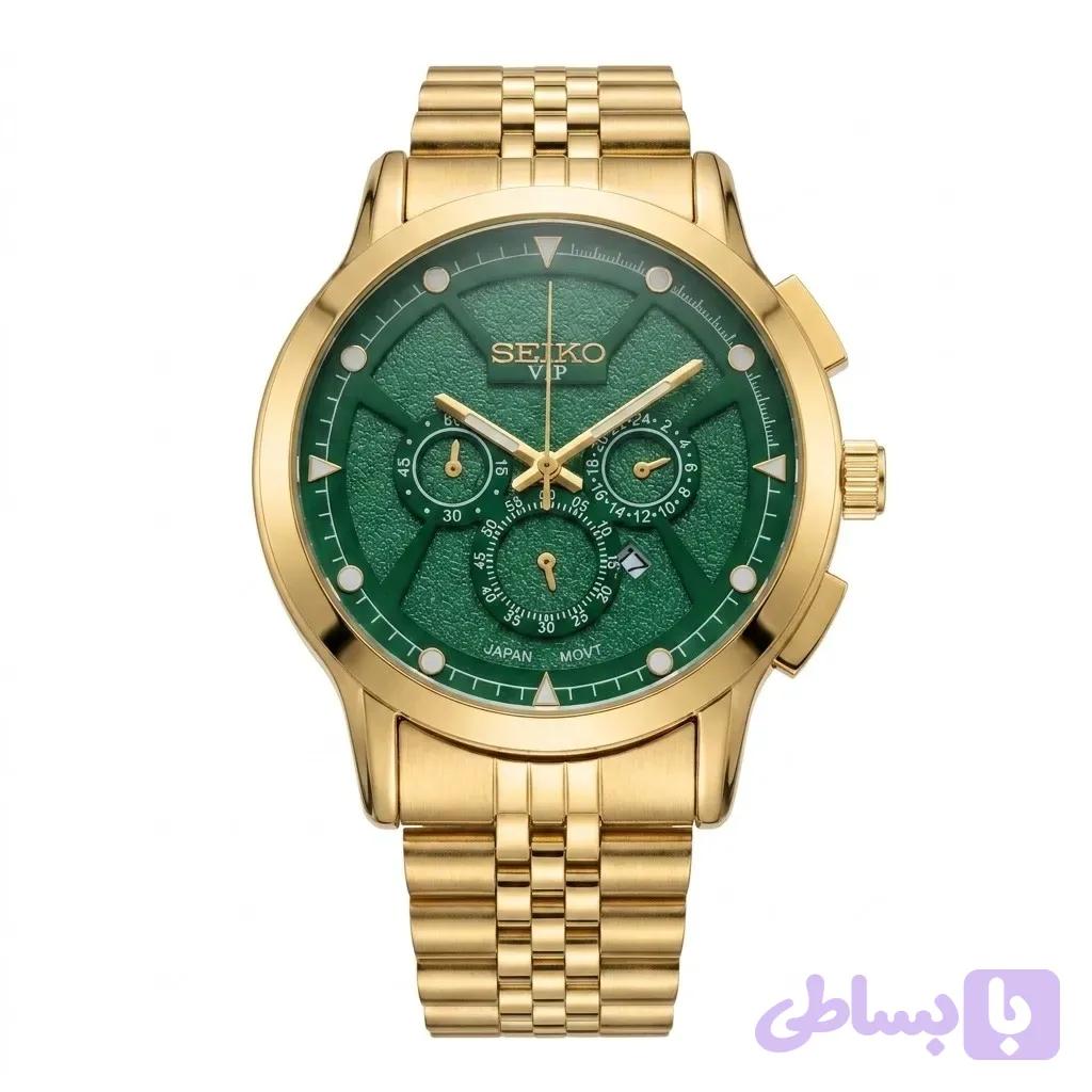 ساعت مچی مردانه سیکو طلایی صفحه سبز بند استیل طرح سه موتور با تقویم و موتور ژاپن
