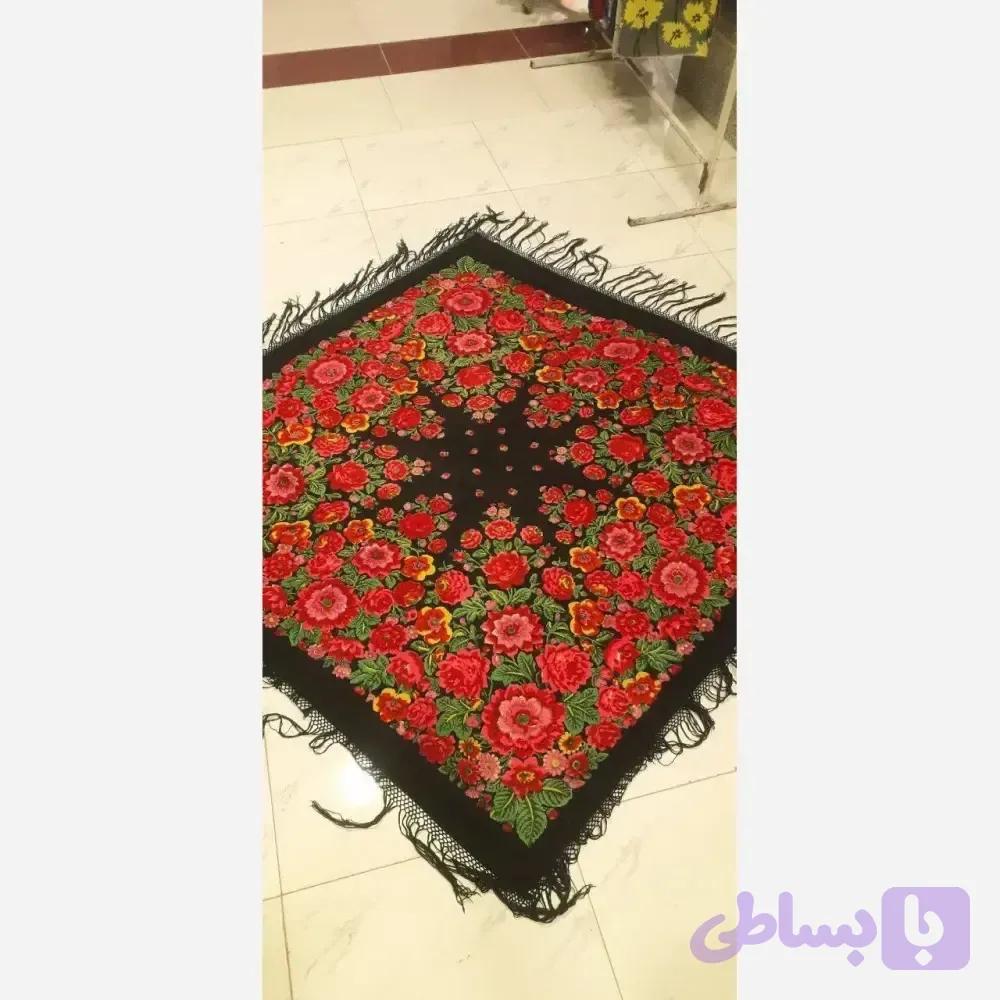 روسری ترکمنی پشمی مشکی گل قرمز قواره بزرگ اصل روسیه برند Pavlovo Posad