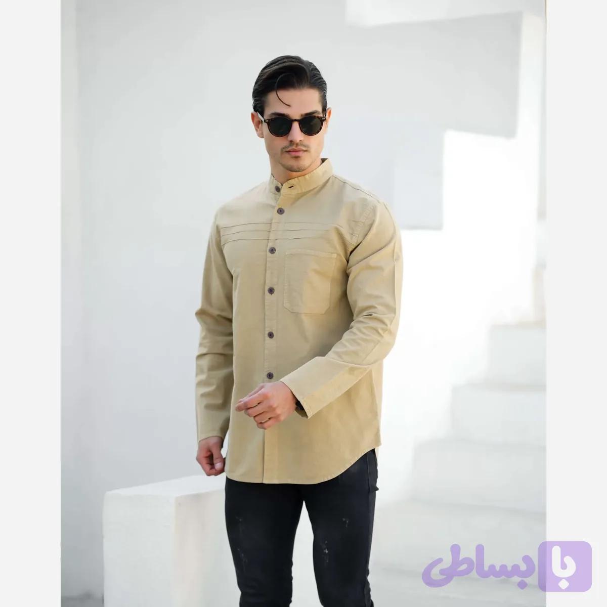 پیراهن مردانه الیاف طبیعی تمام دکمه سه خط رنگ نخودی