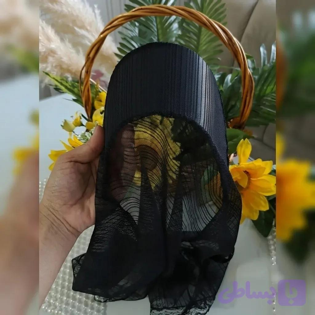 مینی اسکارف نقابدار تور دیپلمات مشکی سرمه ای قهوه ای دور گیپور دوزی شده خنک تابستانی