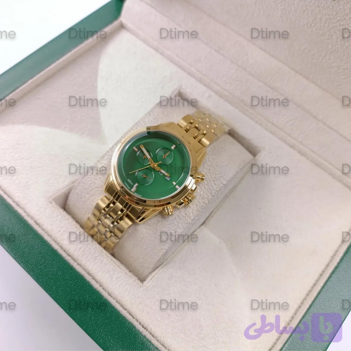 ساعت مچی زنانه سیکو طلایی صفحه سبز طرح سه موتور بند استیل با تقویم