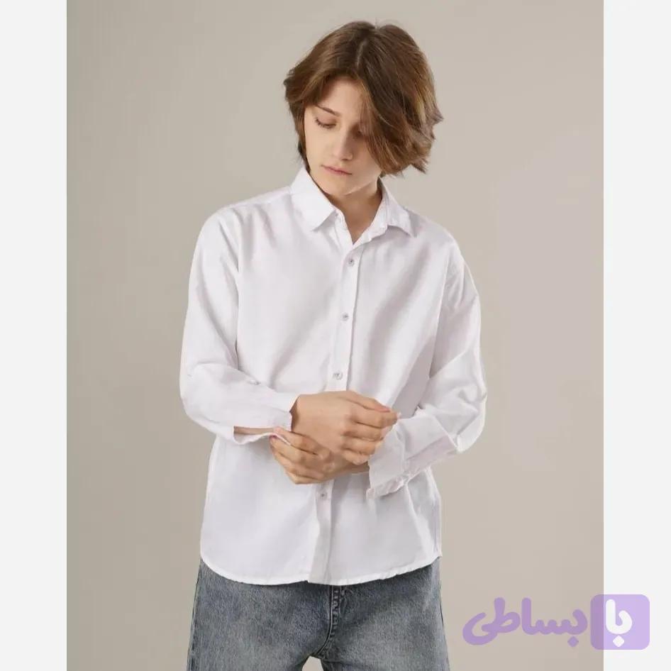 پیراهن رسمی و اسپرت ساده سفید پسرانه و دخترانه پارچه لخت و ریزشی