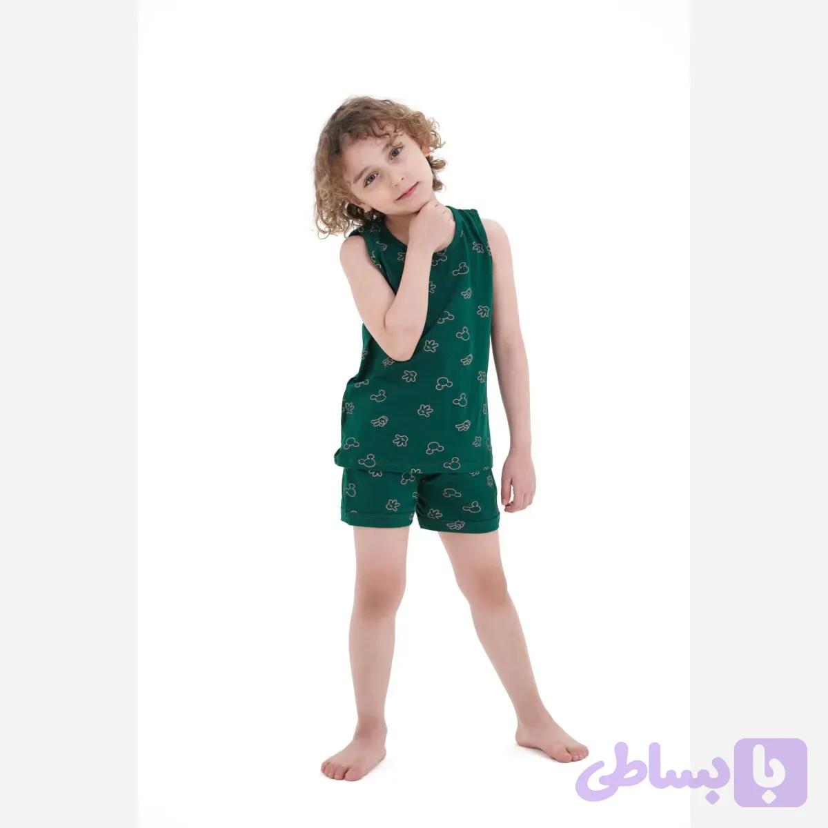 ست رکابی و شورت پسرانه طرح میکی موس رنگ سبز تیره جنس پنبه
