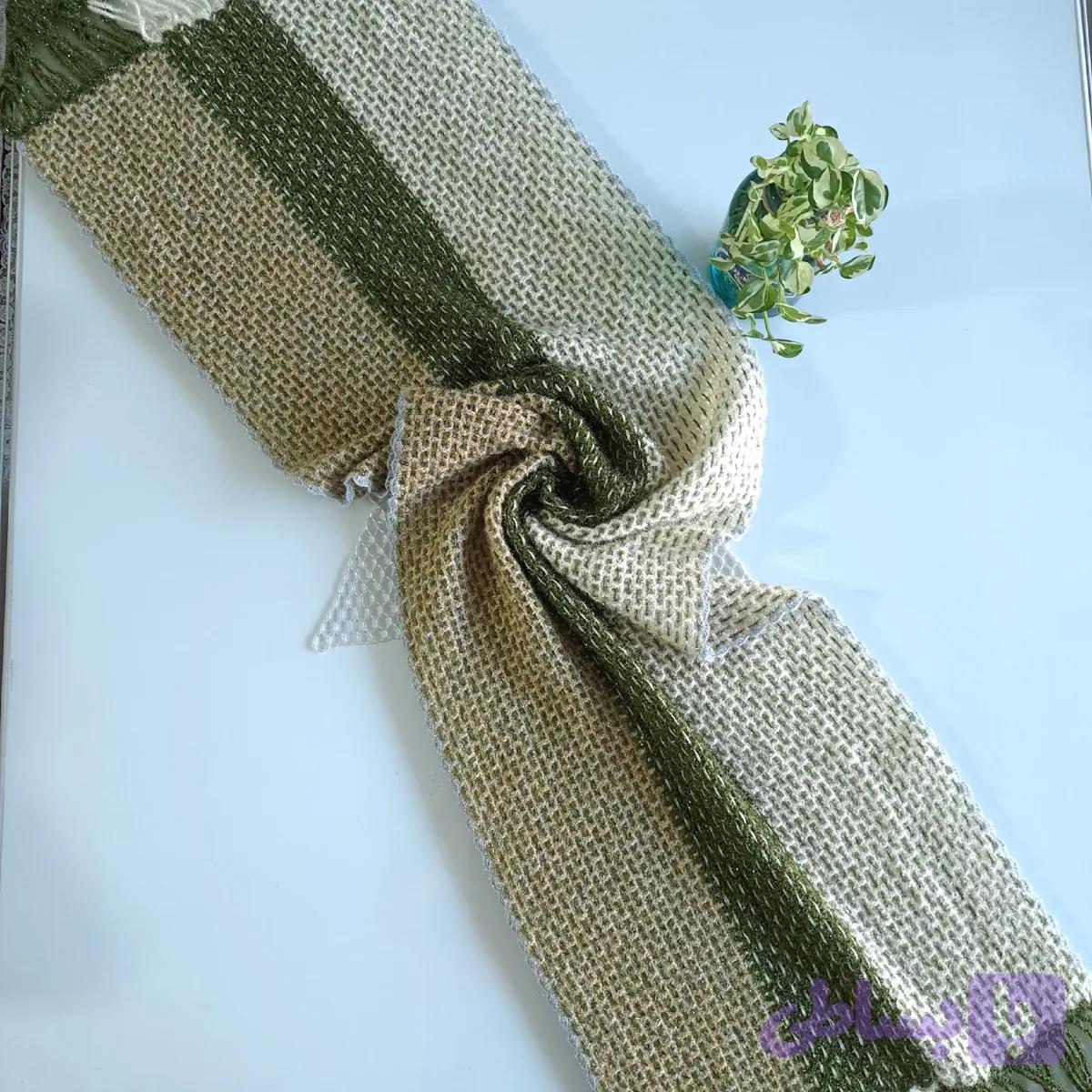 شال بافتنی دستبافت لمه دار سبز کرم ابعاد 160x39
