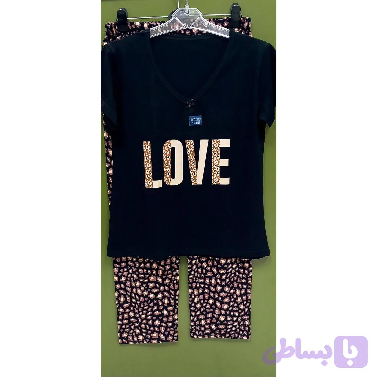ست تی شرت و شلوار نخی پلنگی برند ویوانا طرح Love سایز L تا 2XL