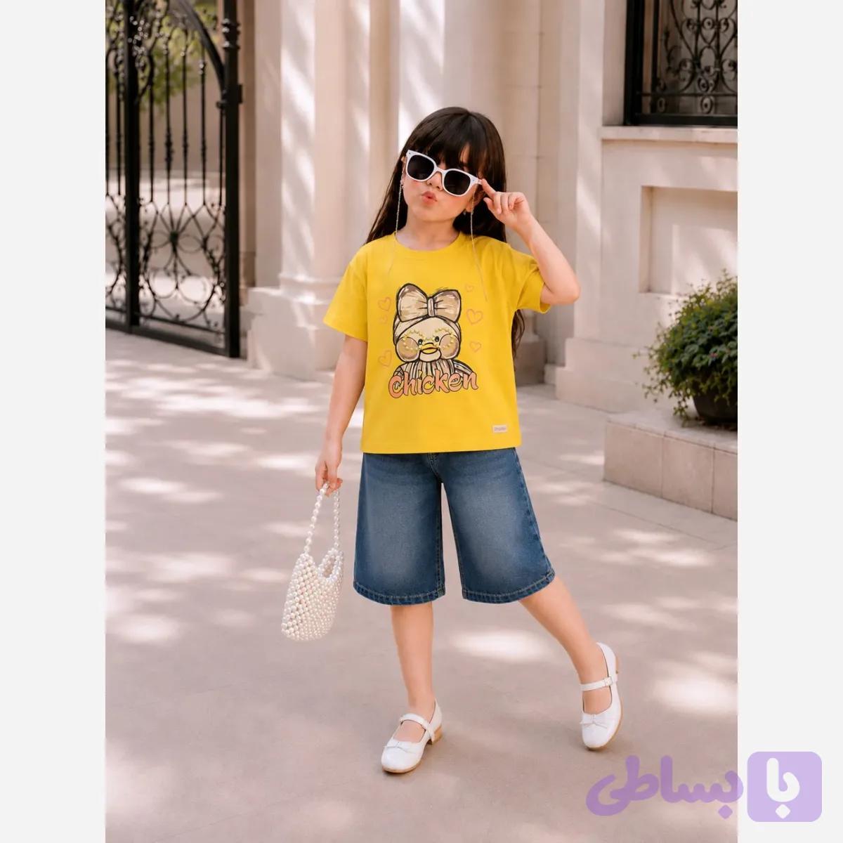 ست تیشرت و شلوارک جین دخترانه مروارید دوزی شده سایز 45 و 50